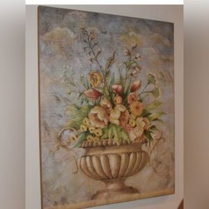 JACQUES LAMY FRESCO STYLE OIL ON BURLAP "URN WITH FRUIT" 46.25'' X 36.25'